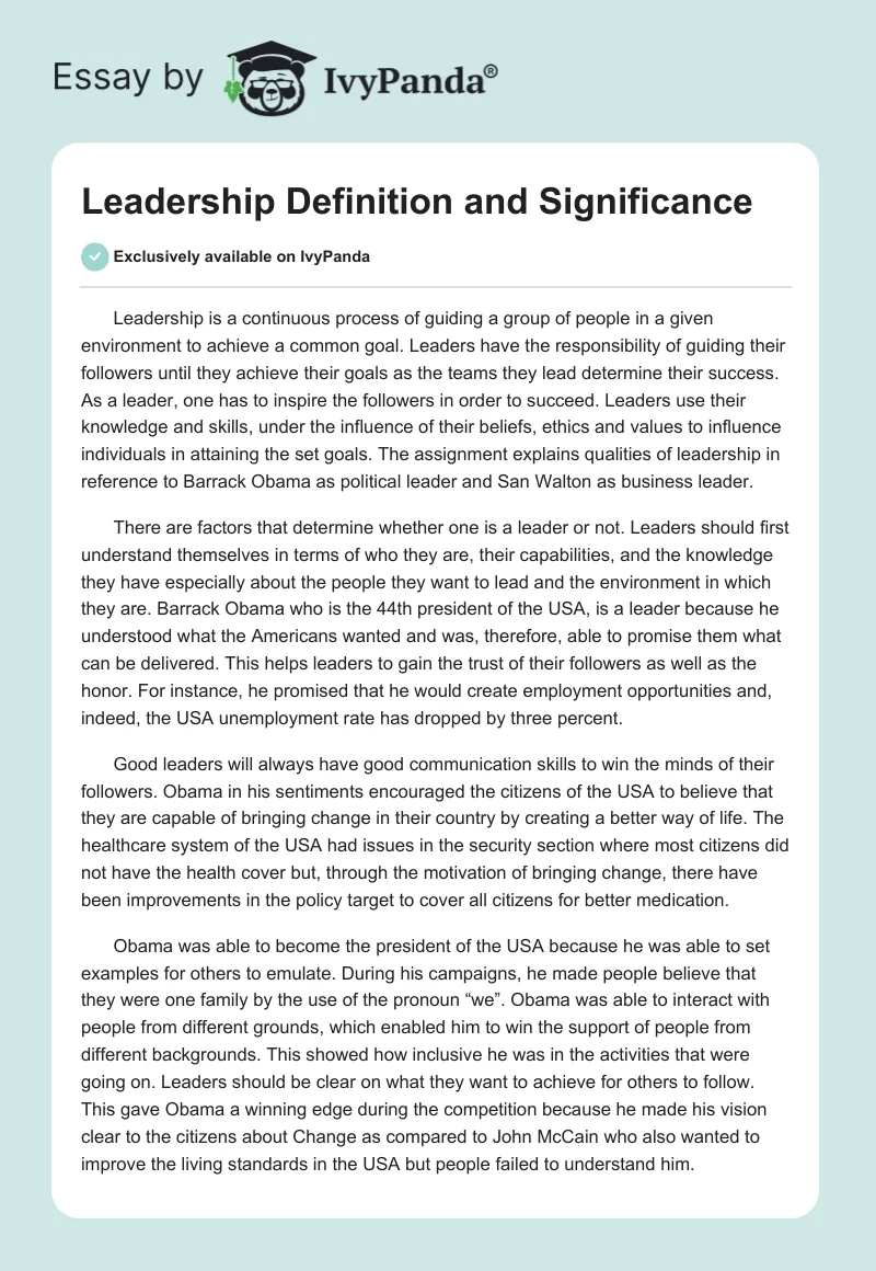 Leadership Definition and Significance. Page 1