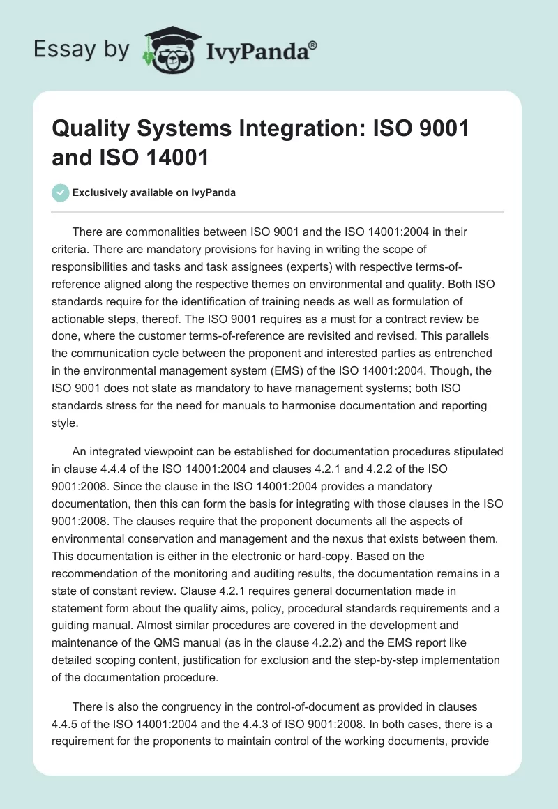 Quality Systems Integration: ISO 9001 and ISO 14001. Page 1