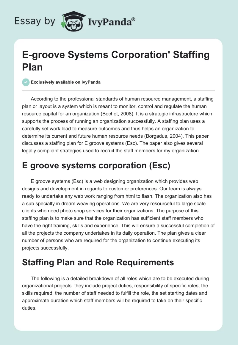 E-groove Systems Corporation' Staffing Plan. Page 1
