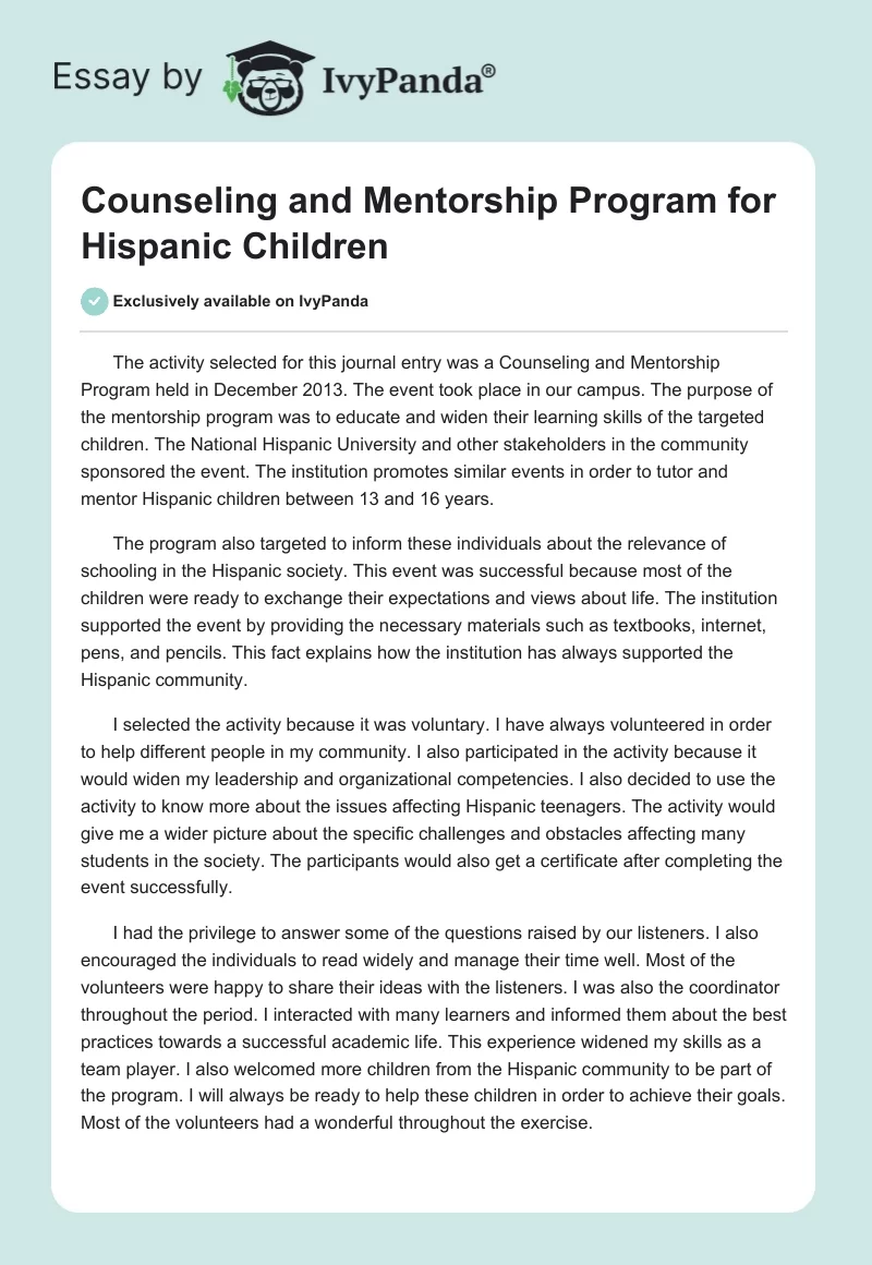 Counseling and Mentorship Program for Hispanic Children. Page 1