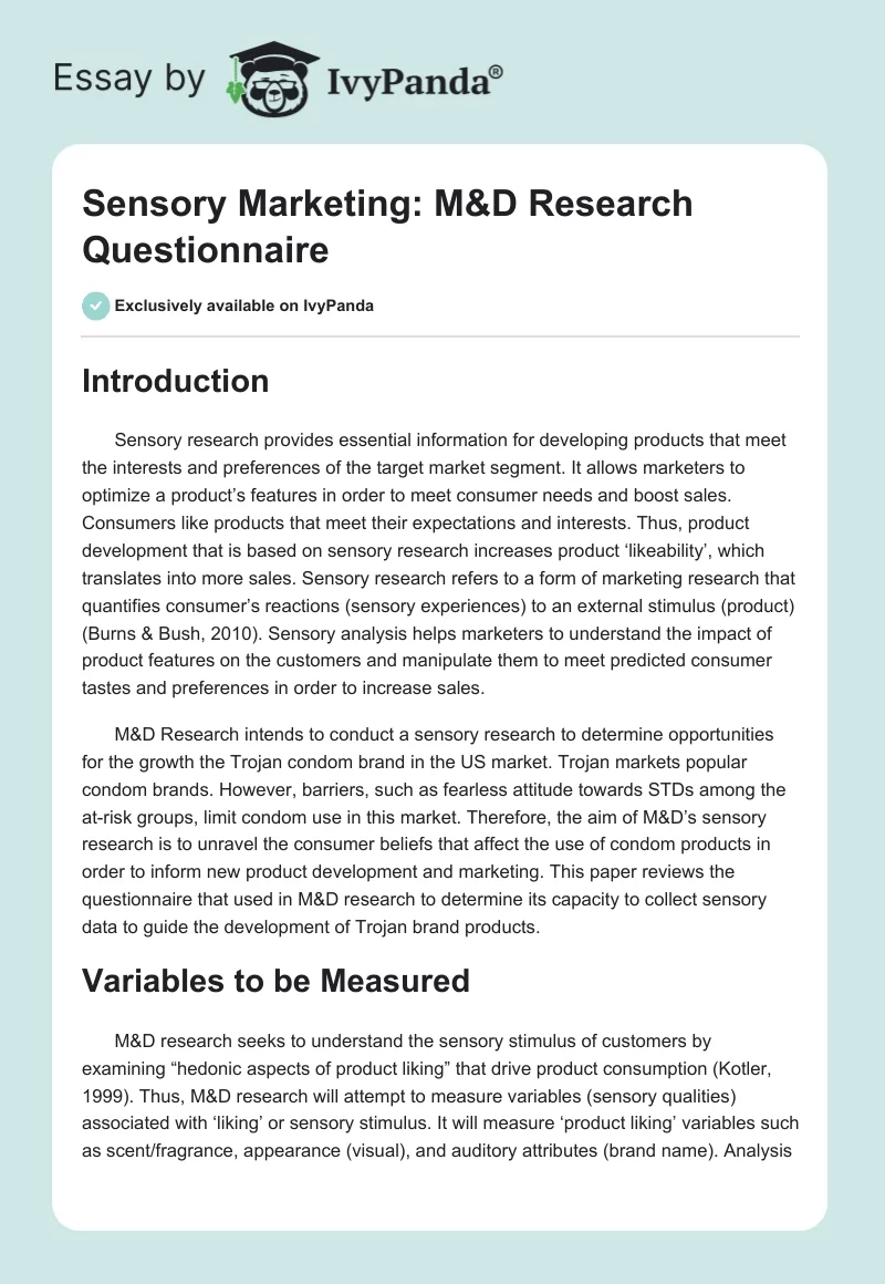 Sensory Marketing: M&D Research Questionnaire. Page 1