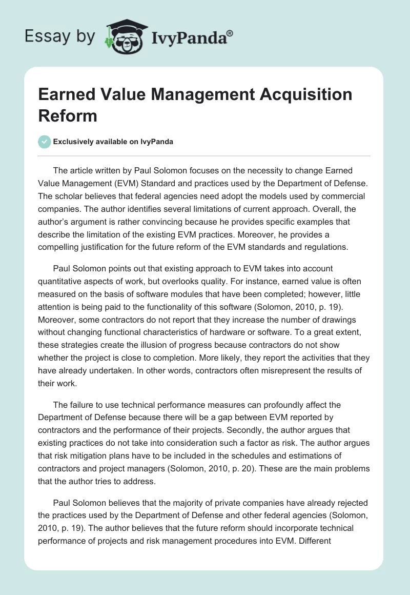 Earned Value Management Acquisition Reform. Page 1