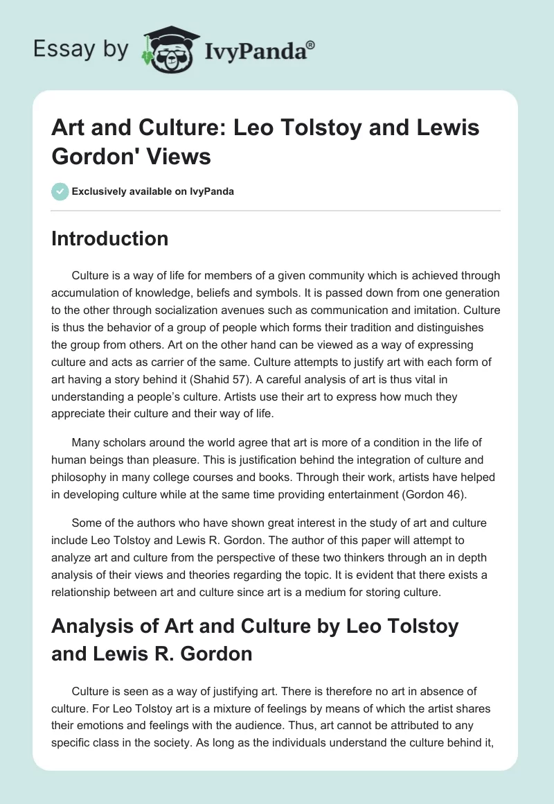 Art and Culture: Leo Tolstoy and Lewis Gordon' Views. Page 1
