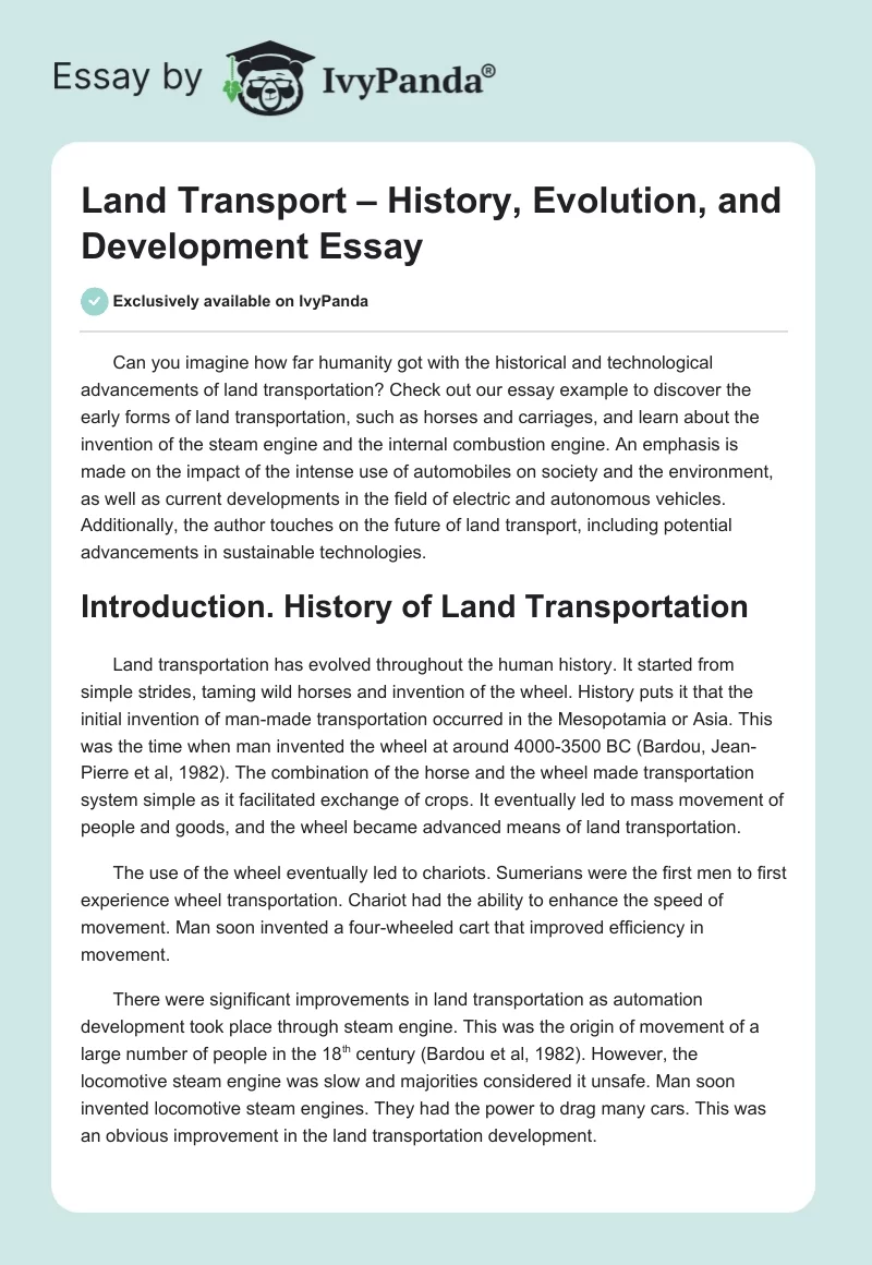 Land Transport – History, Evolution, and Development Essay. Page 1