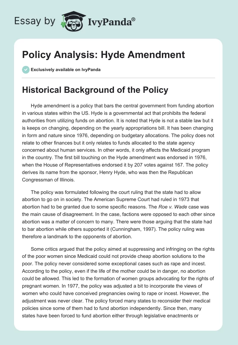 Policy Analysis: Hyde Amendment. Page 1