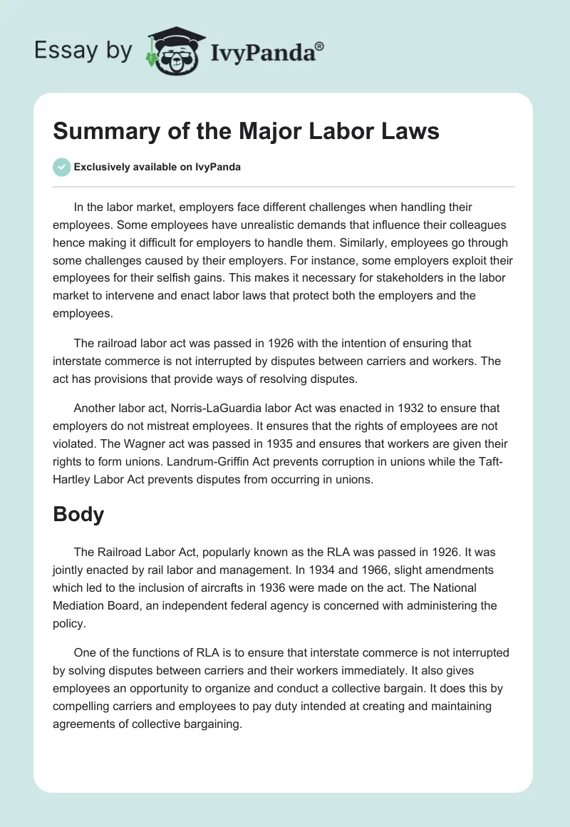 Summary of the Major Labor Laws. Page 1