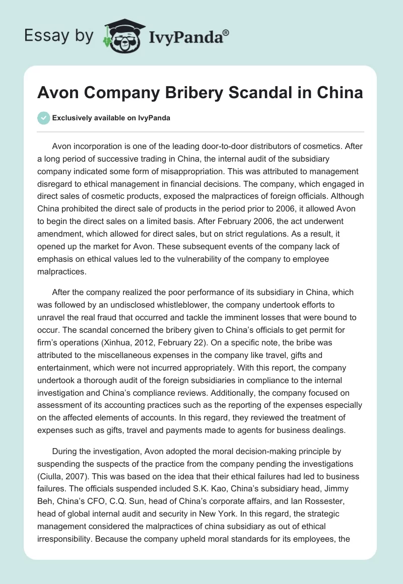 Avon Company Bribery Scandal in China. Page 1