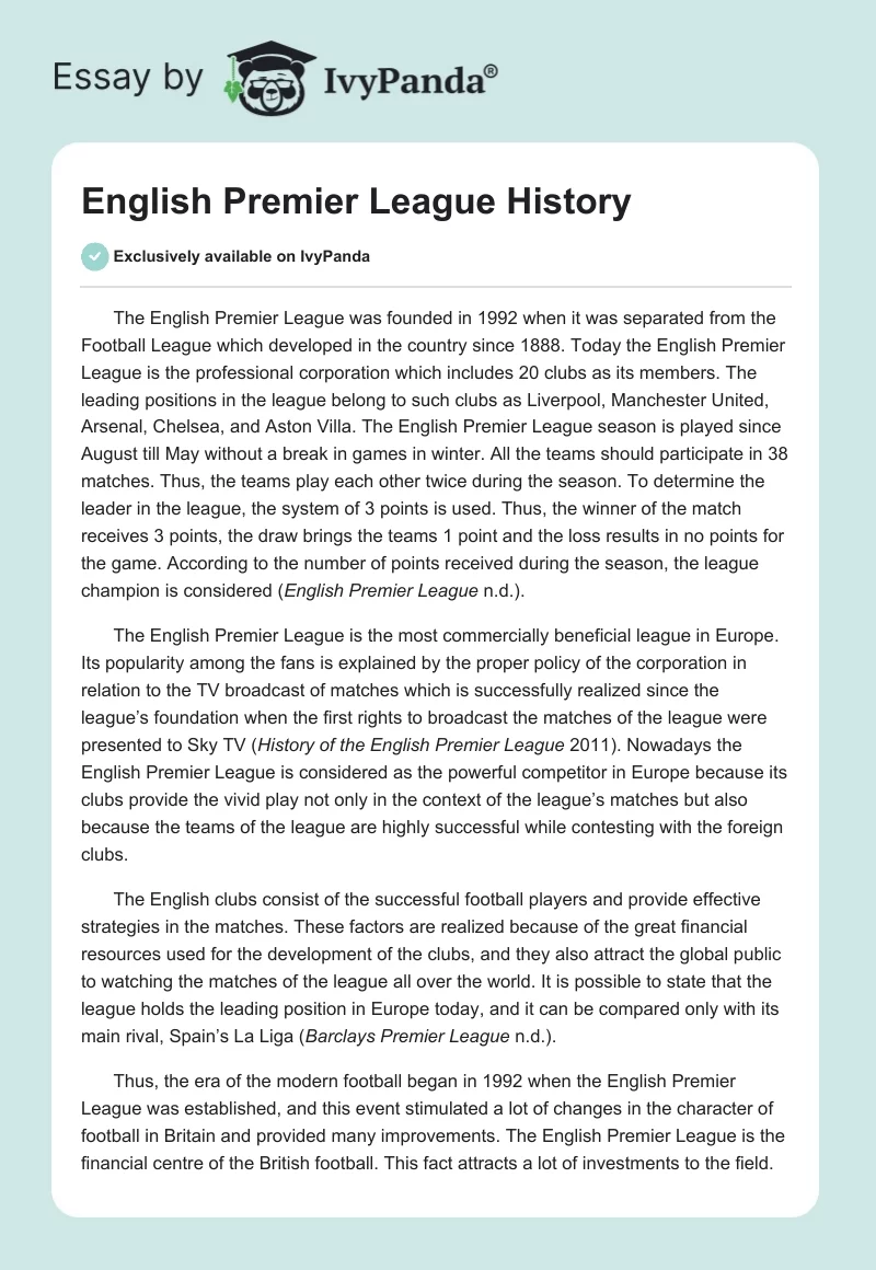 English Premier League History. Page 1