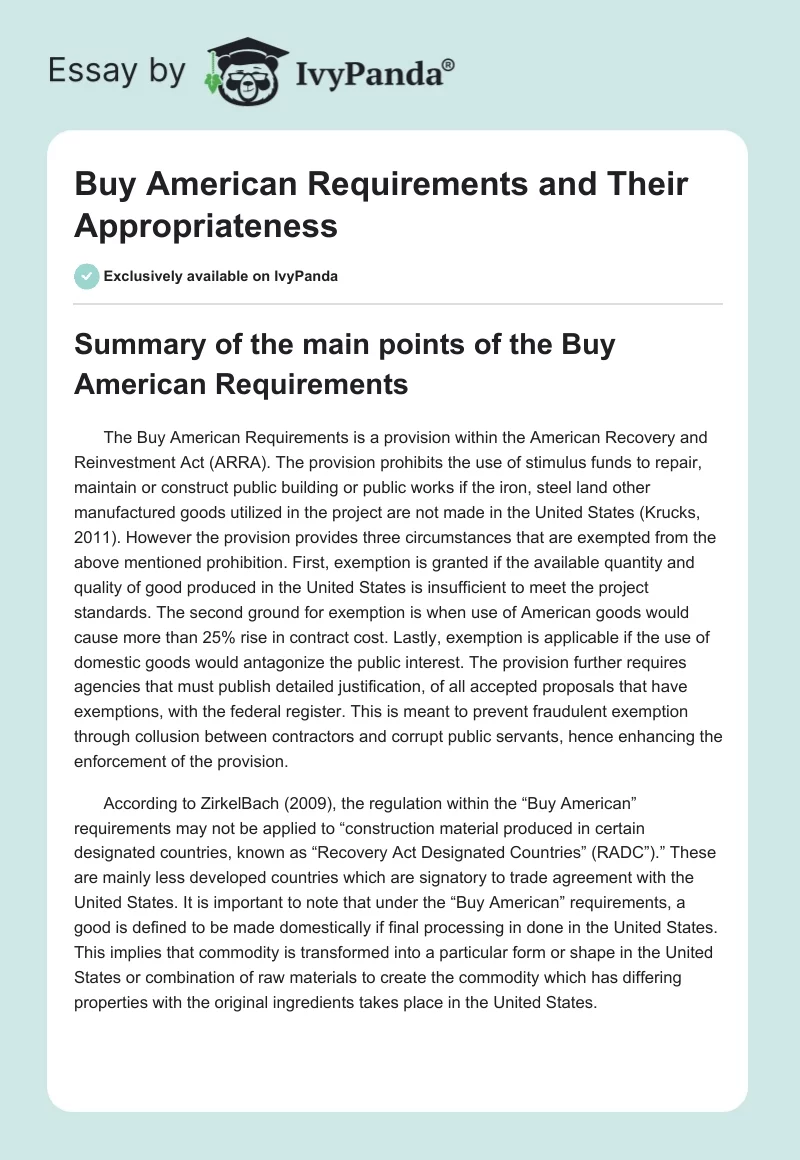 Buy American Requirements and Their Appropriateness. Page 1