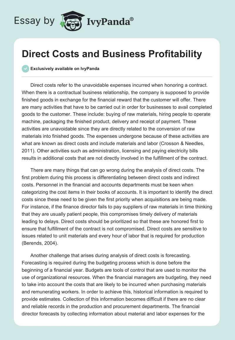 Direct Costs and Business Profitability. Page 1