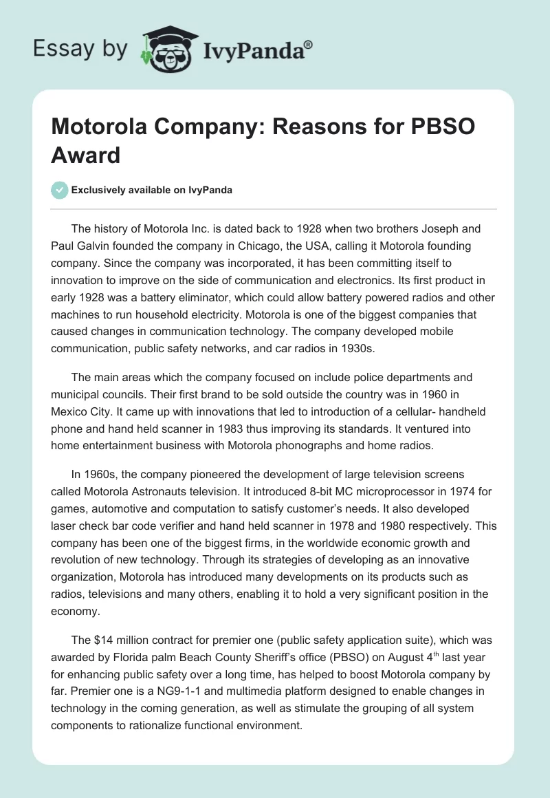 Motorola Company: Reasons for PBSO Award. Page 1