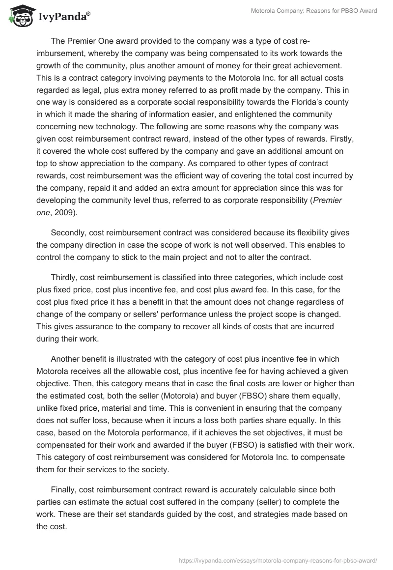 Motorola Company: Reasons for PBSO Award. Page 3