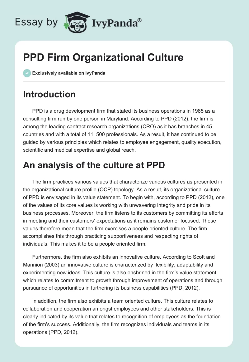 PPD Firm Organizational Culture. Page 1
