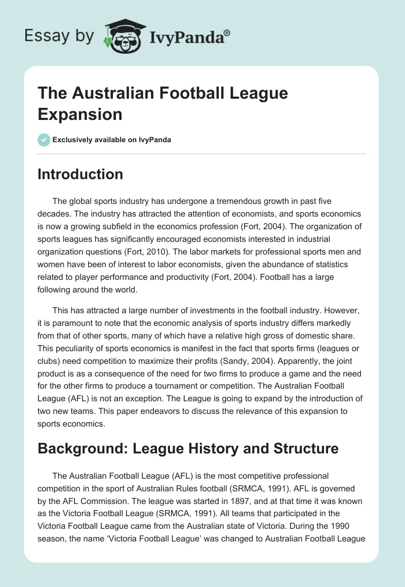 The Australian Football League Expansion. Page 1