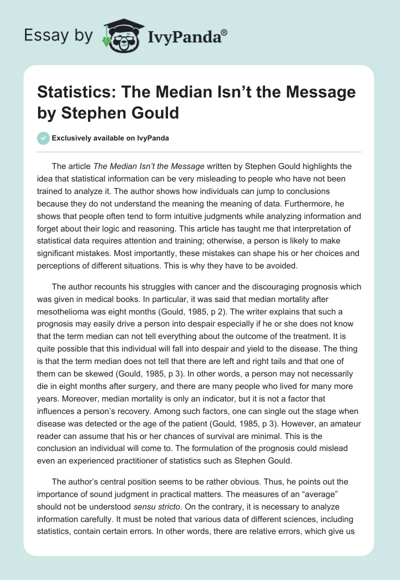 Statistics: "The Median Isn’t the Message" by Stephen Gould. Page 1