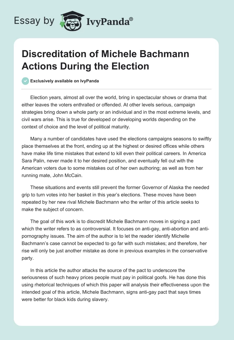 Discreditation of Michele Bachmann Actions During the Election. Page 1