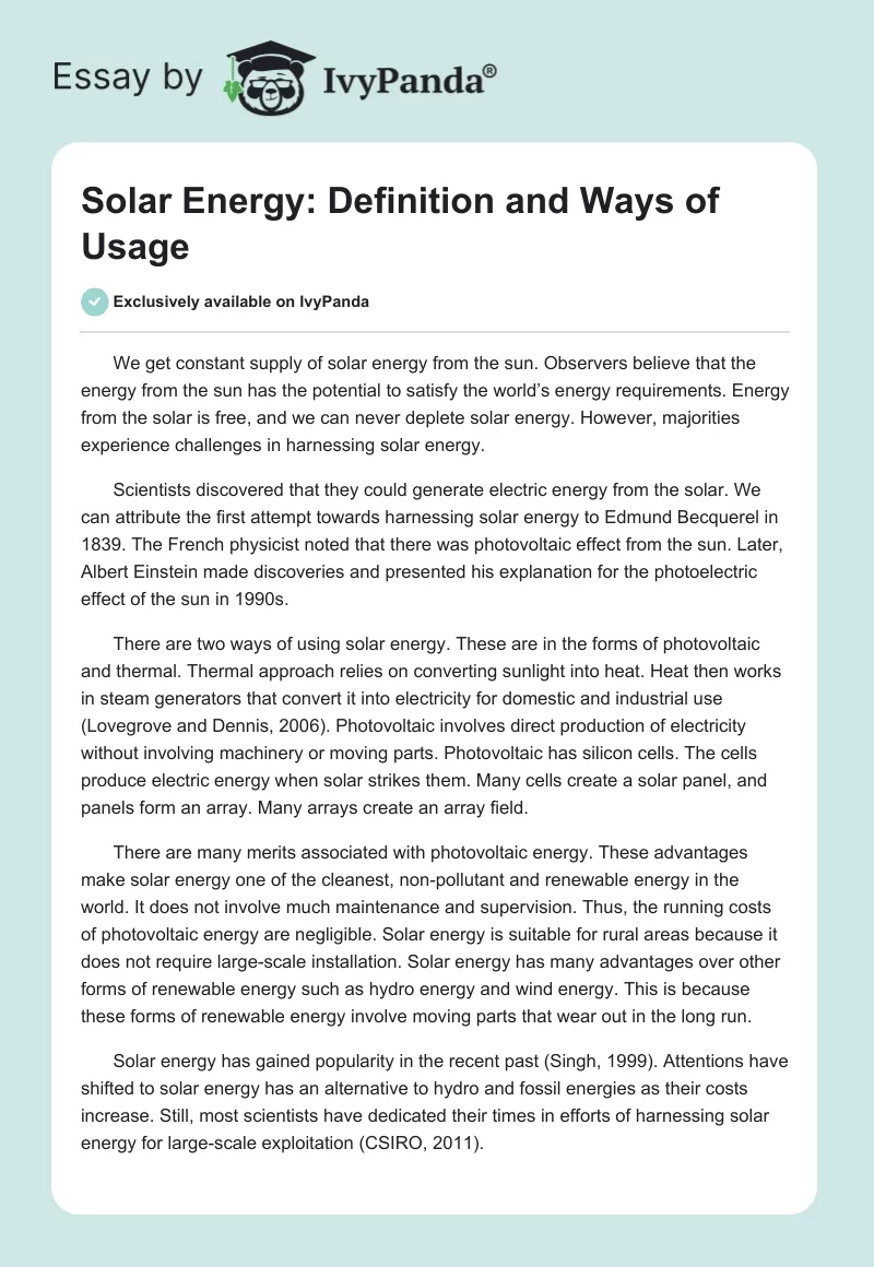 Solar Energy: Definition and Ways of Usage. Page 1