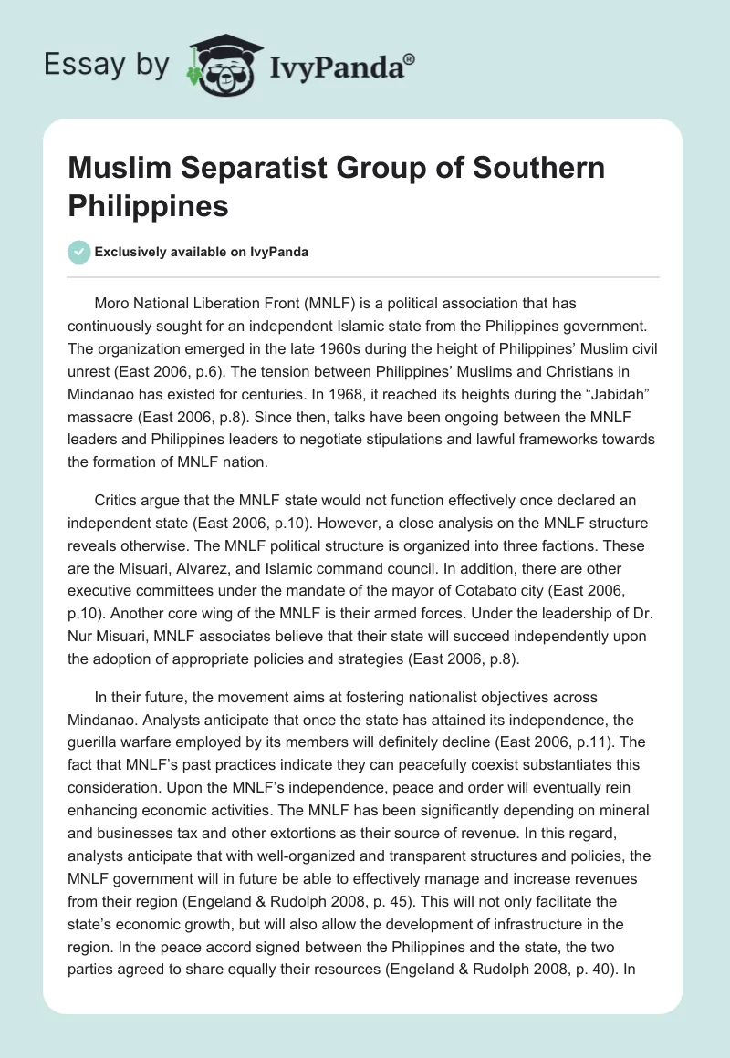 Muslim Separatist Group of Southern Philippines. Page 1