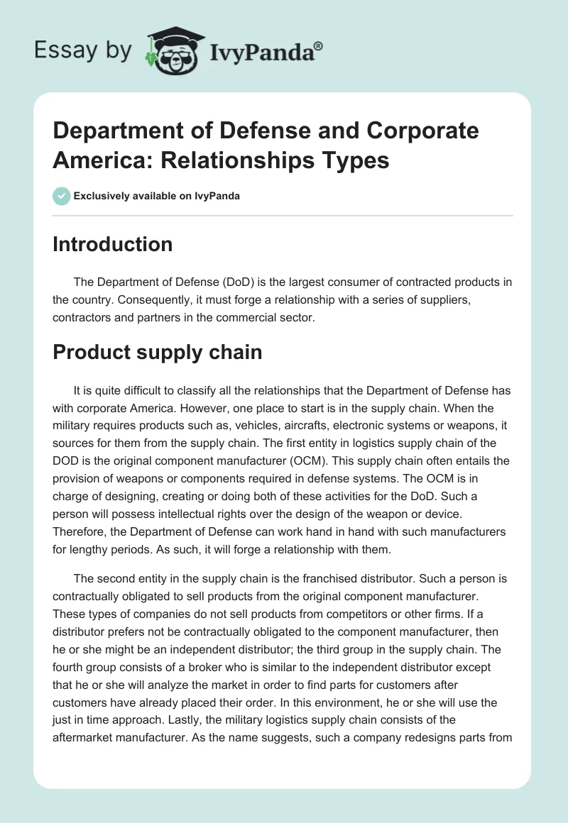Department of Defense and Corporate America: Relationships Types. Page 1