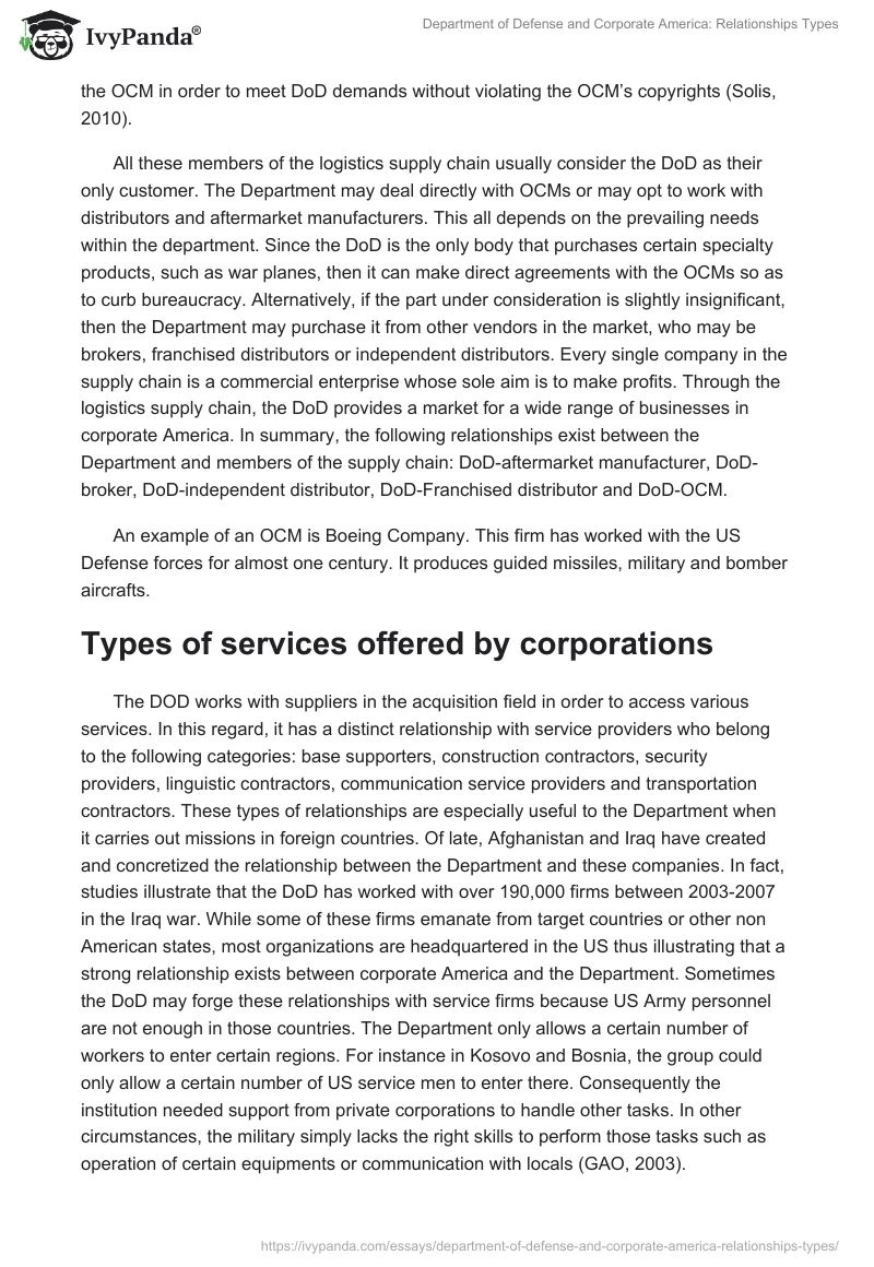 Department of Defense and Corporate America: Relationships Types. Page 2
