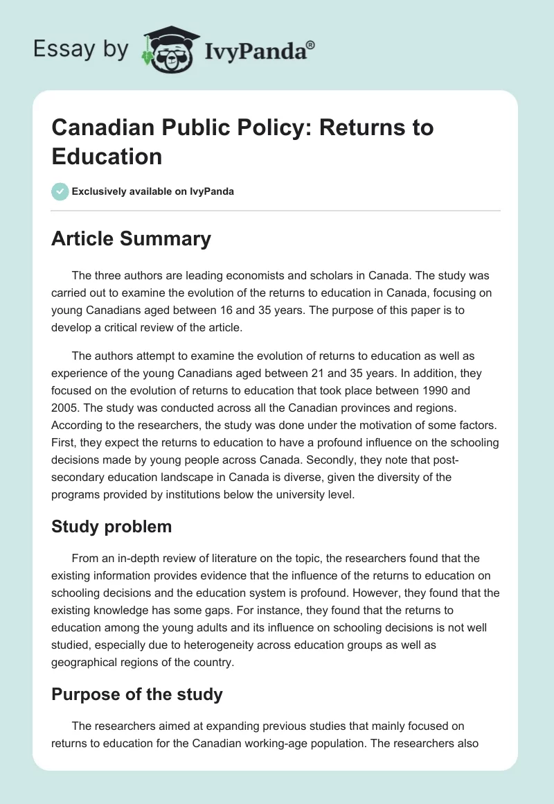 Canadian Public Policy: Returns to Education. Page 1