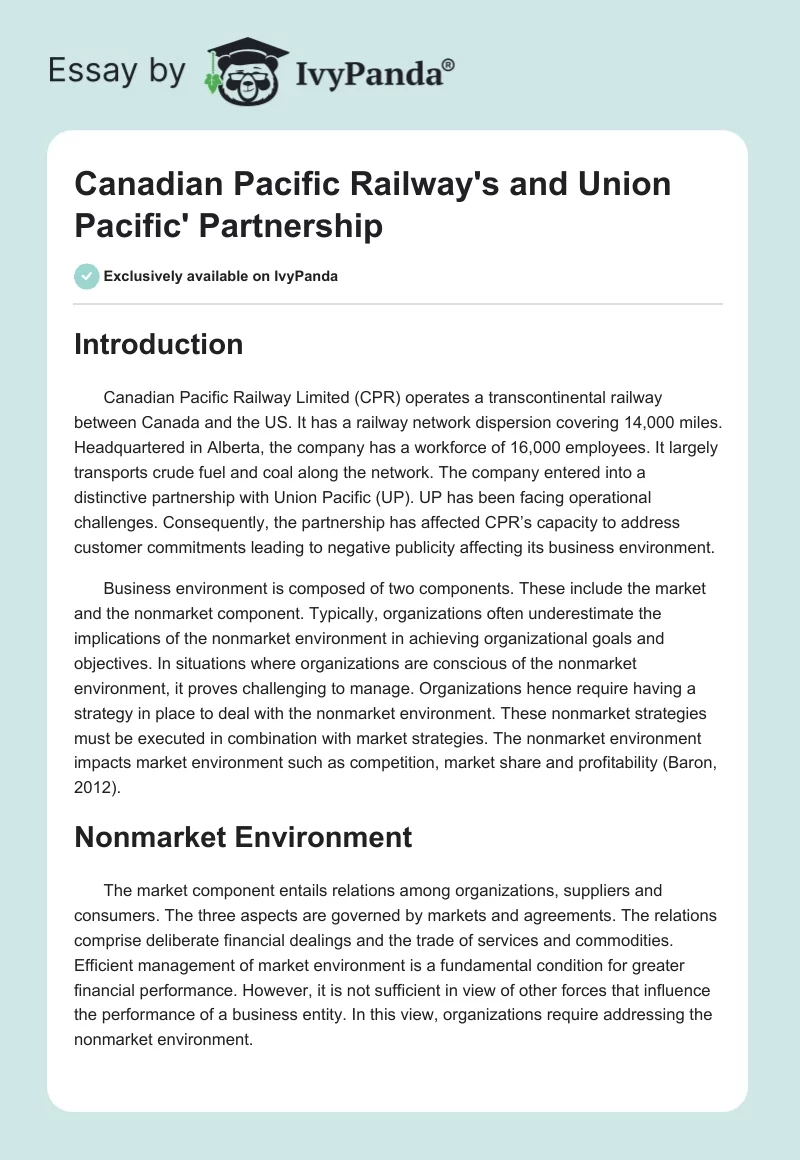 Canadian Pacific Railway's and Union Pacific' Partnership. Page 1