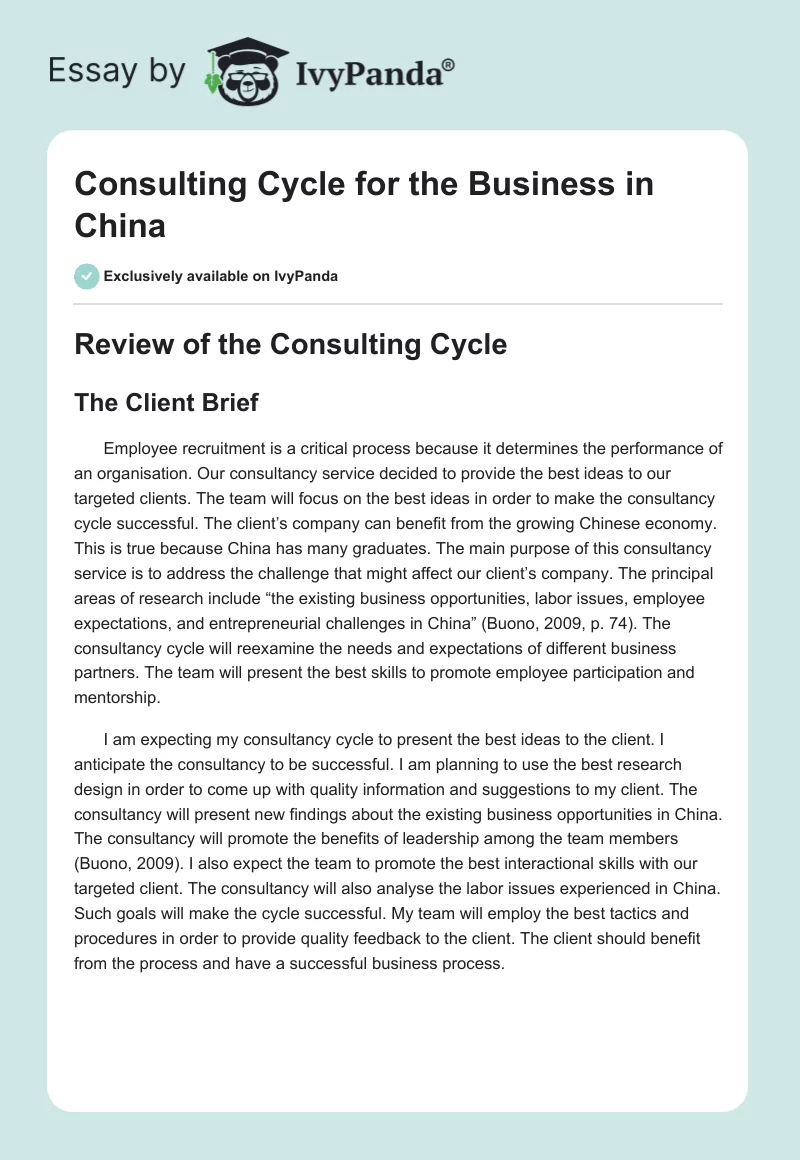 Consulting Cycle for the Business in China. Page 1