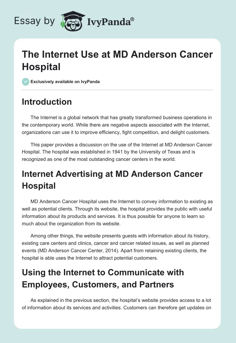 The Internet Use at MD Anderson Cancer Hospital. Page 1