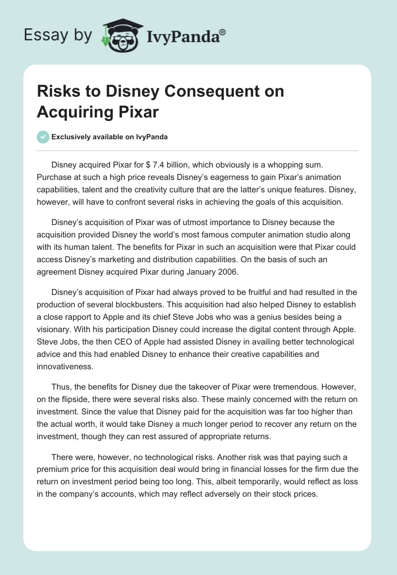 Risks to Disney Consequent on Acquiring Pixar. Page 1