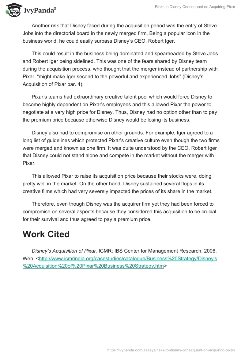 Risks to Disney Consequent on Acquiring Pixar. Page 2