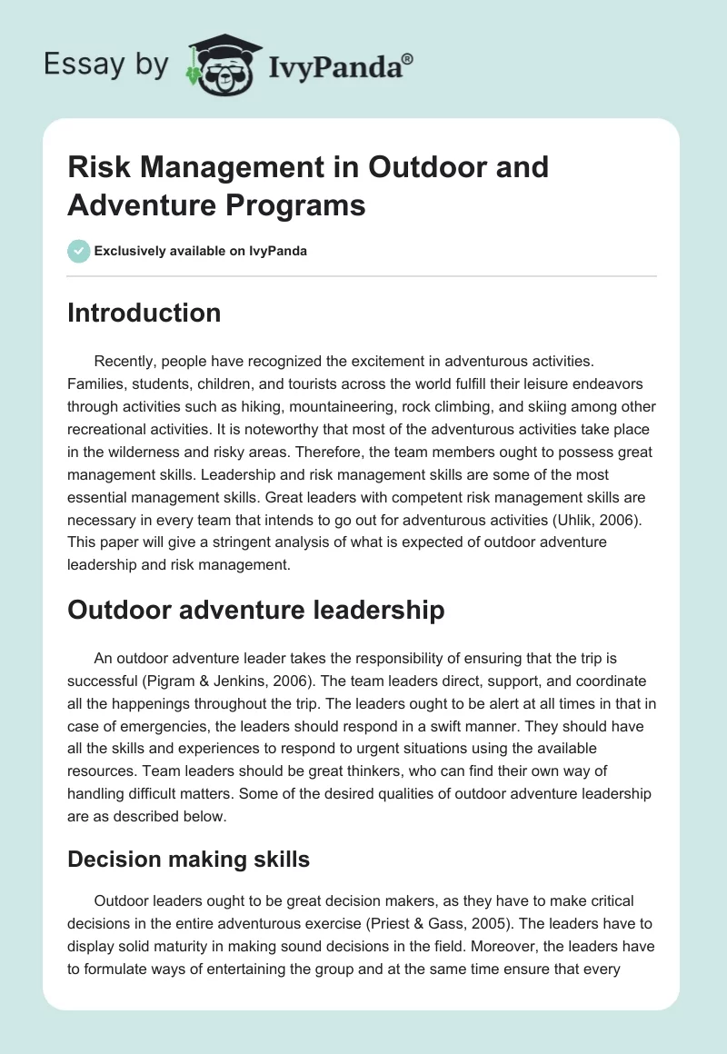 Risk Management in Outdoor and Adventure Programs. Page 1