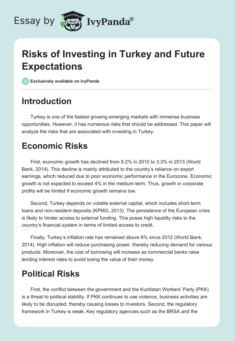 Risks of Investing in Turkey and Future Expectations. Page 1