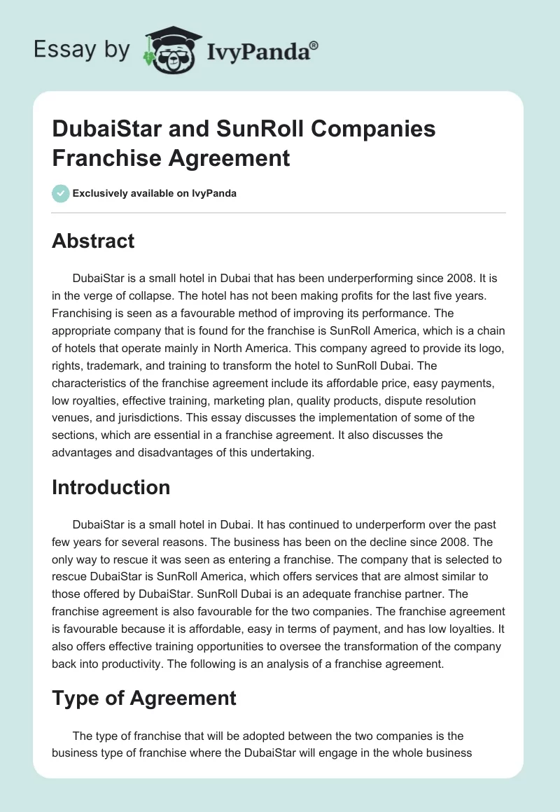DubaiStar and SunRoll Companies Franchise Agreement. Page 1
