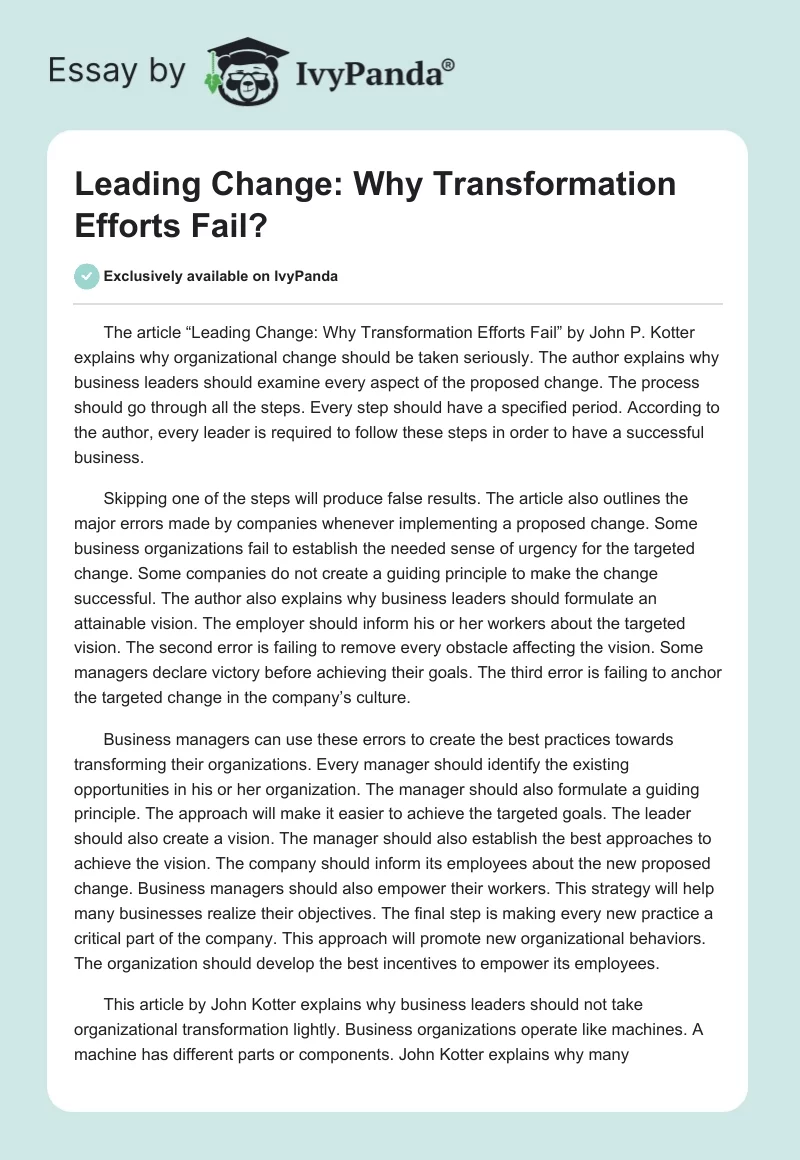 Leading Change: Why Transformation Efforts Fail?. Page 1