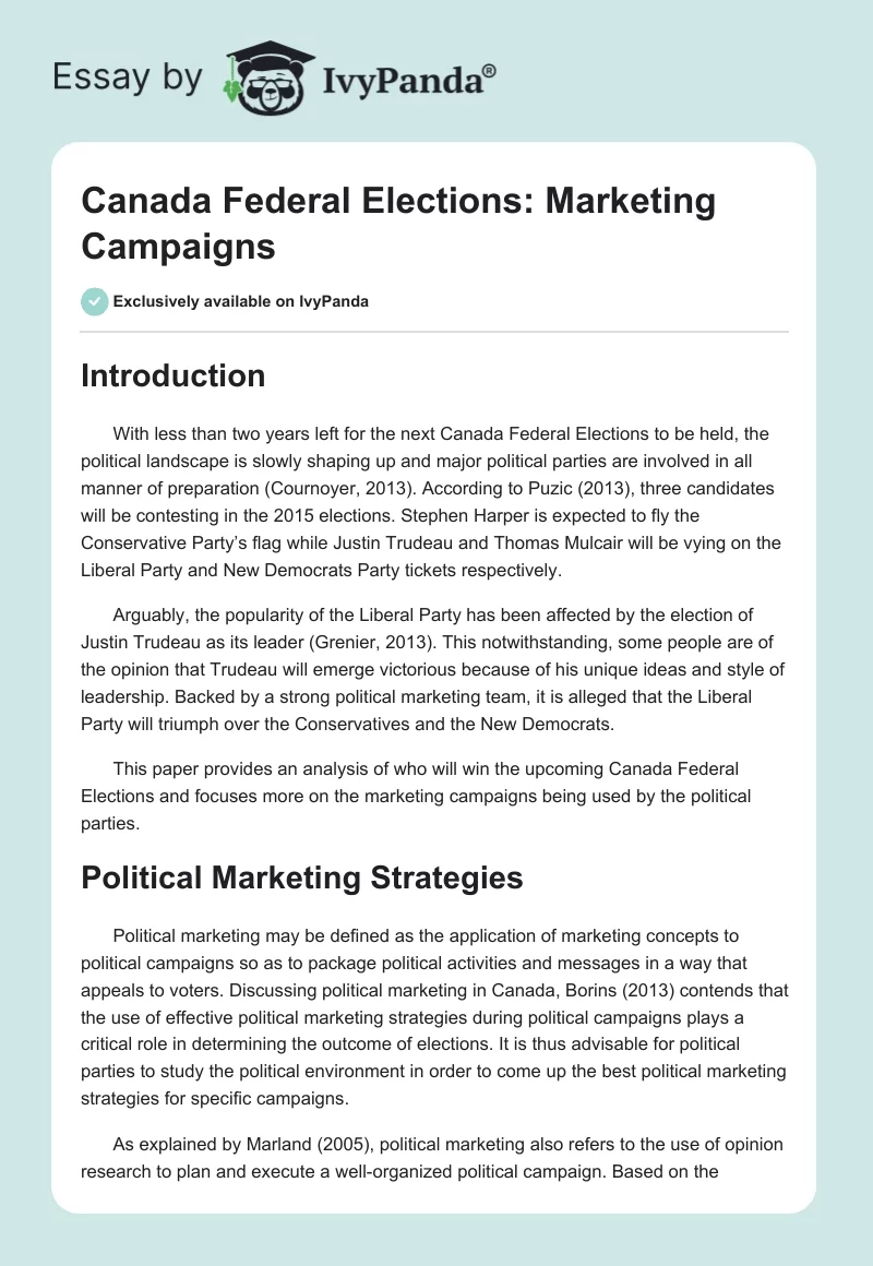 Canada Federal Elections: Marketing Campaigns. Page 1
