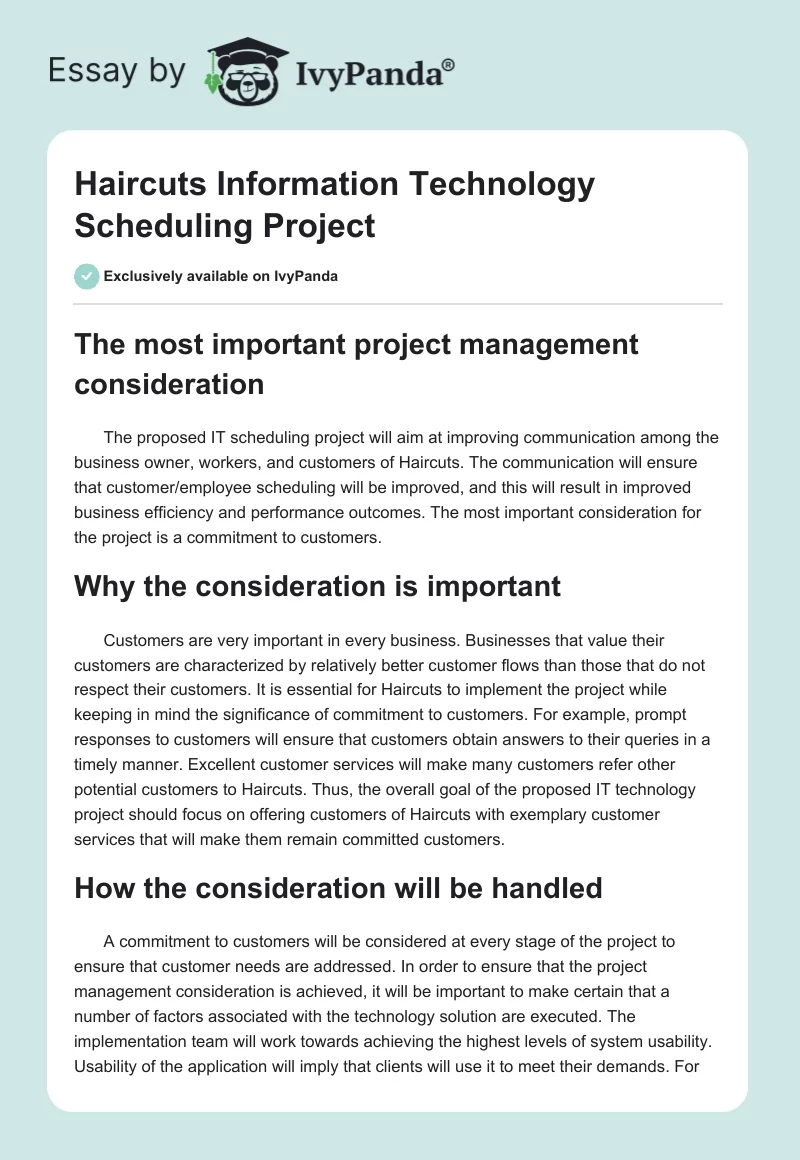 Haircuts Information Technology Scheduling Project. Page 1