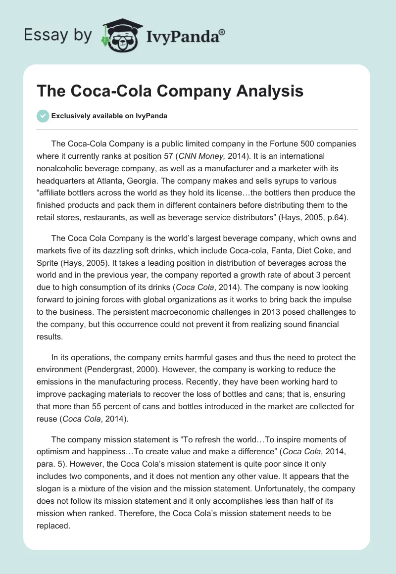 The Coca-Cola Company Analysis. Page 1