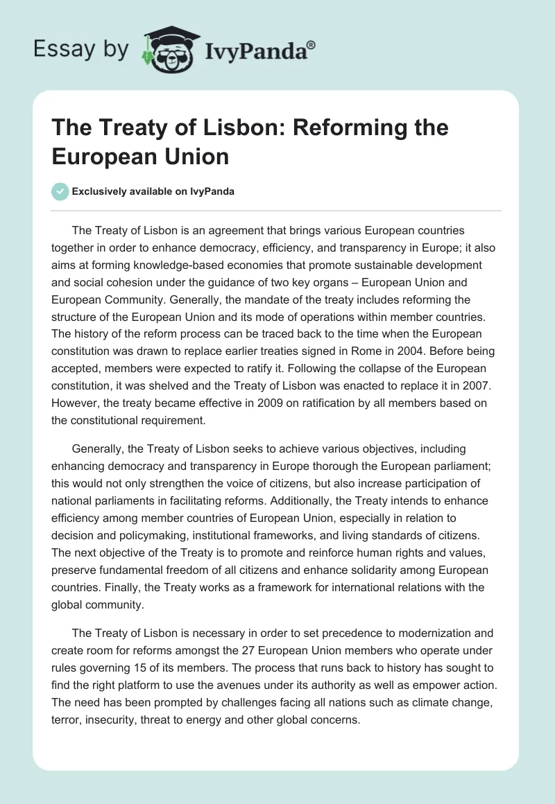 The Treaty of Lisbon: Reforming the European Union. Page 1