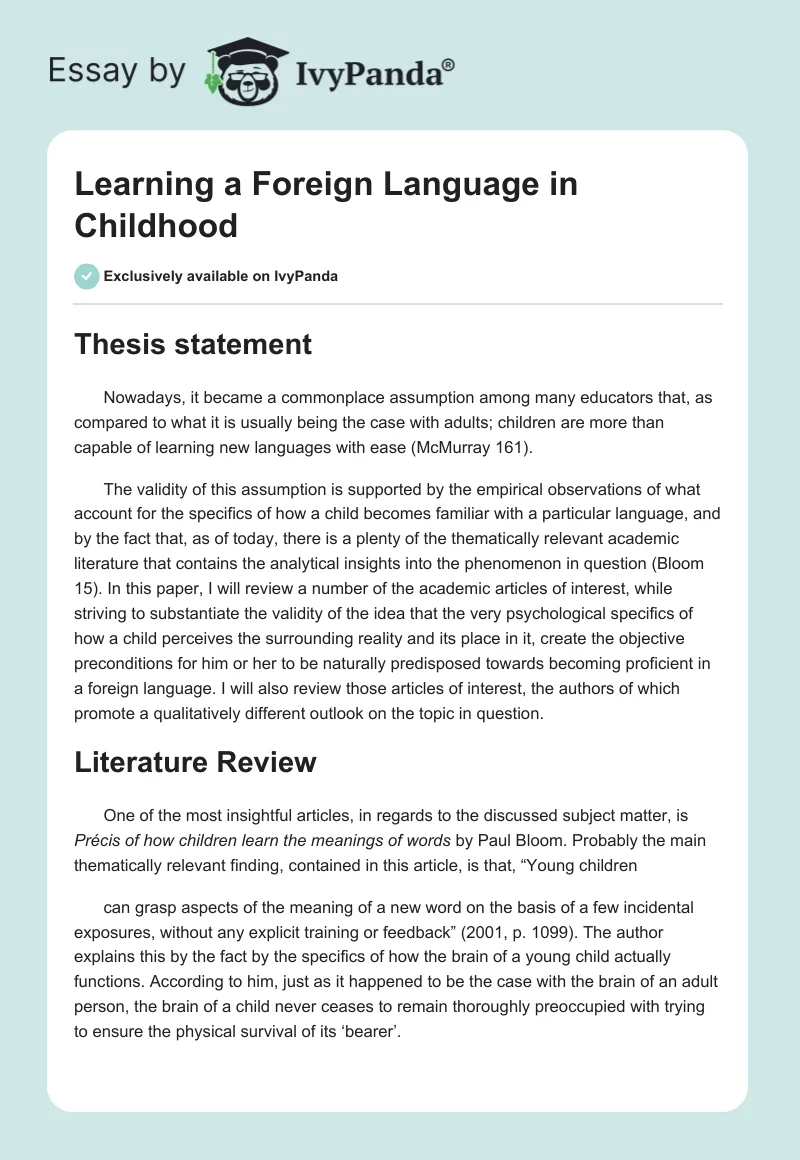 Learning a Foreign Language in Childhood. Page 1