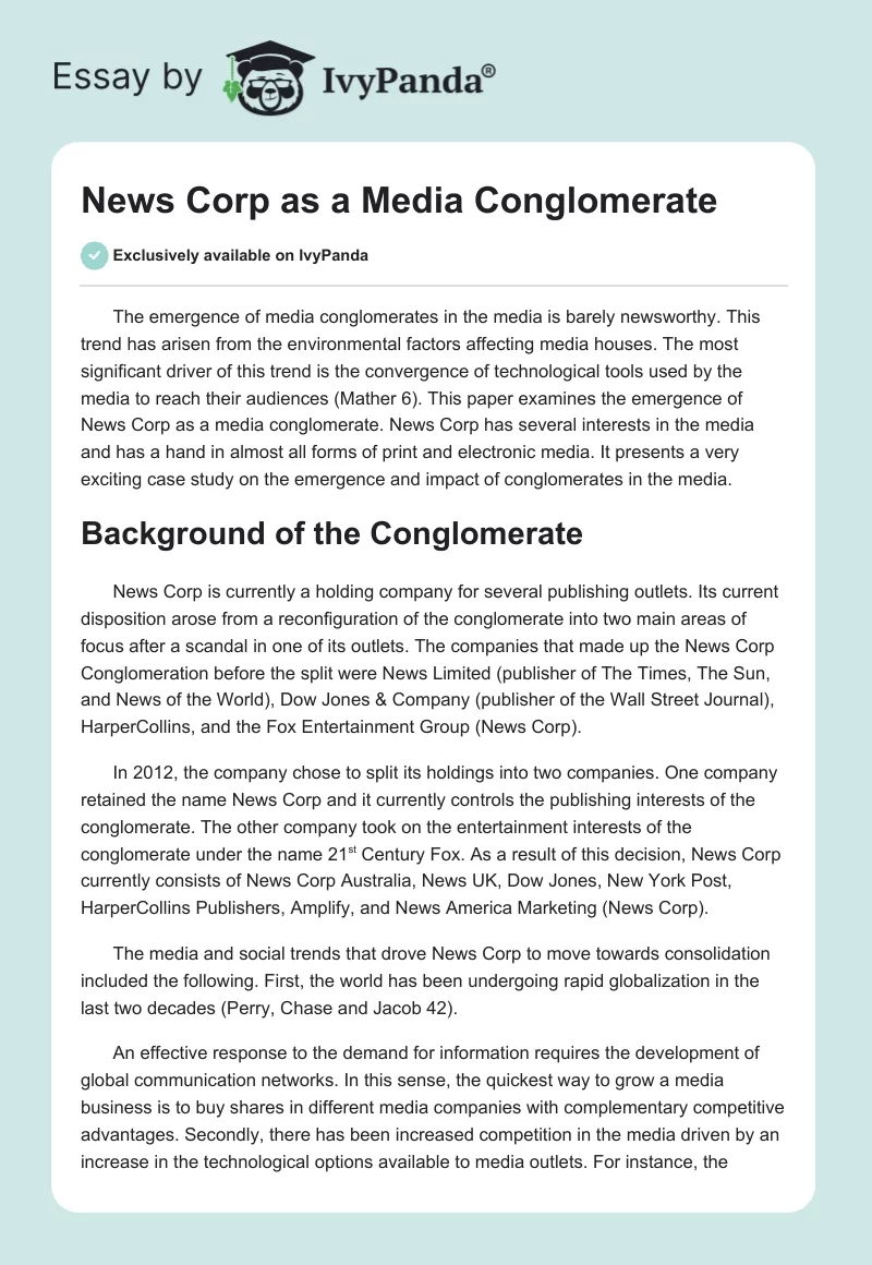 News Corp as a Media Conglomerate. Page 1
