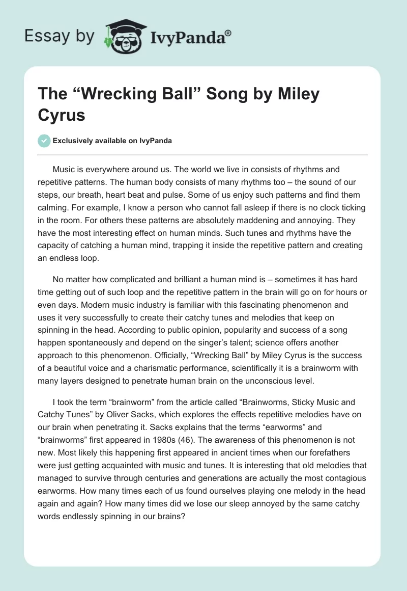 The “Wrecking Ball” Song by Miley Cyrus. Page 1