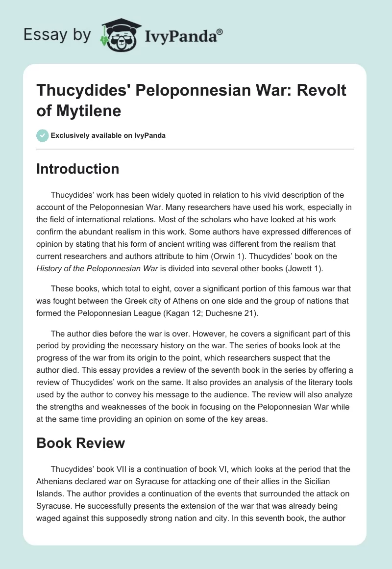 Thucydides' Peloponnesian War: Revolt of Mytilene. Page 1