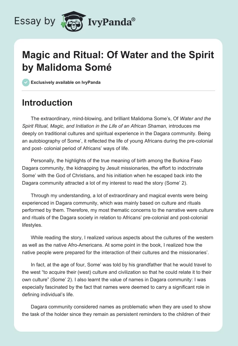 Magic and Ritual: "Of Water and the Spirit" by Malidoma Somé. Page 1