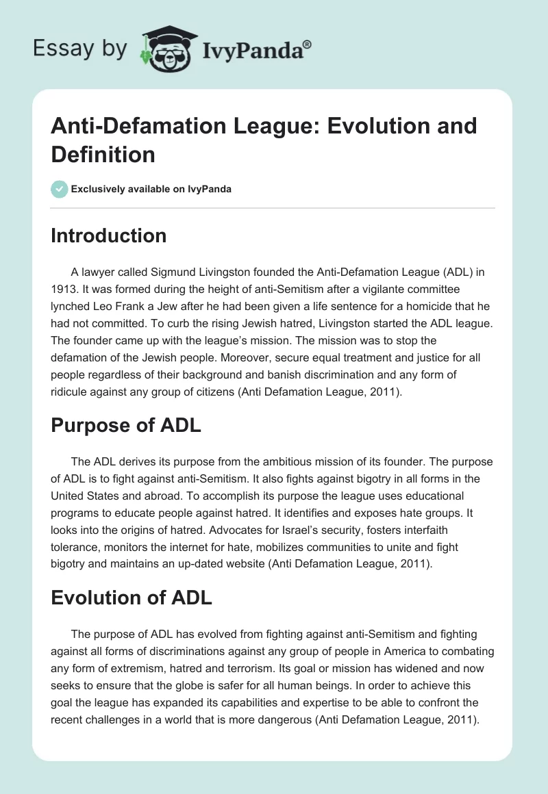Anti-Defamation League: Evolution and Definition. Page 1