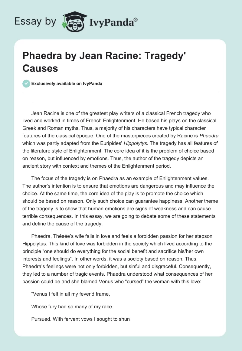 "Phaedra" by Jean Racine: Tragedy' Causes. Page 1