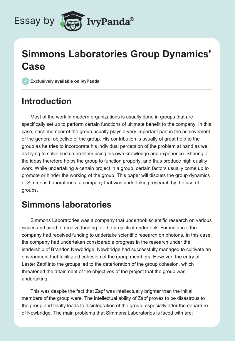 Simmons Laboratories Group Dynamics' Case. Page 1