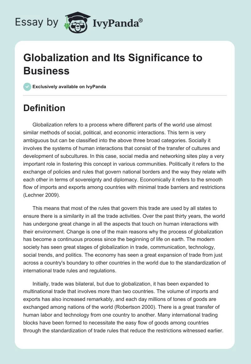 Globalization and Its Significance to Business. Page 1