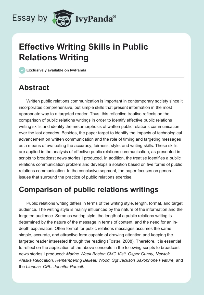 Effective Writing Skills in Public Relations Writing. Page 1