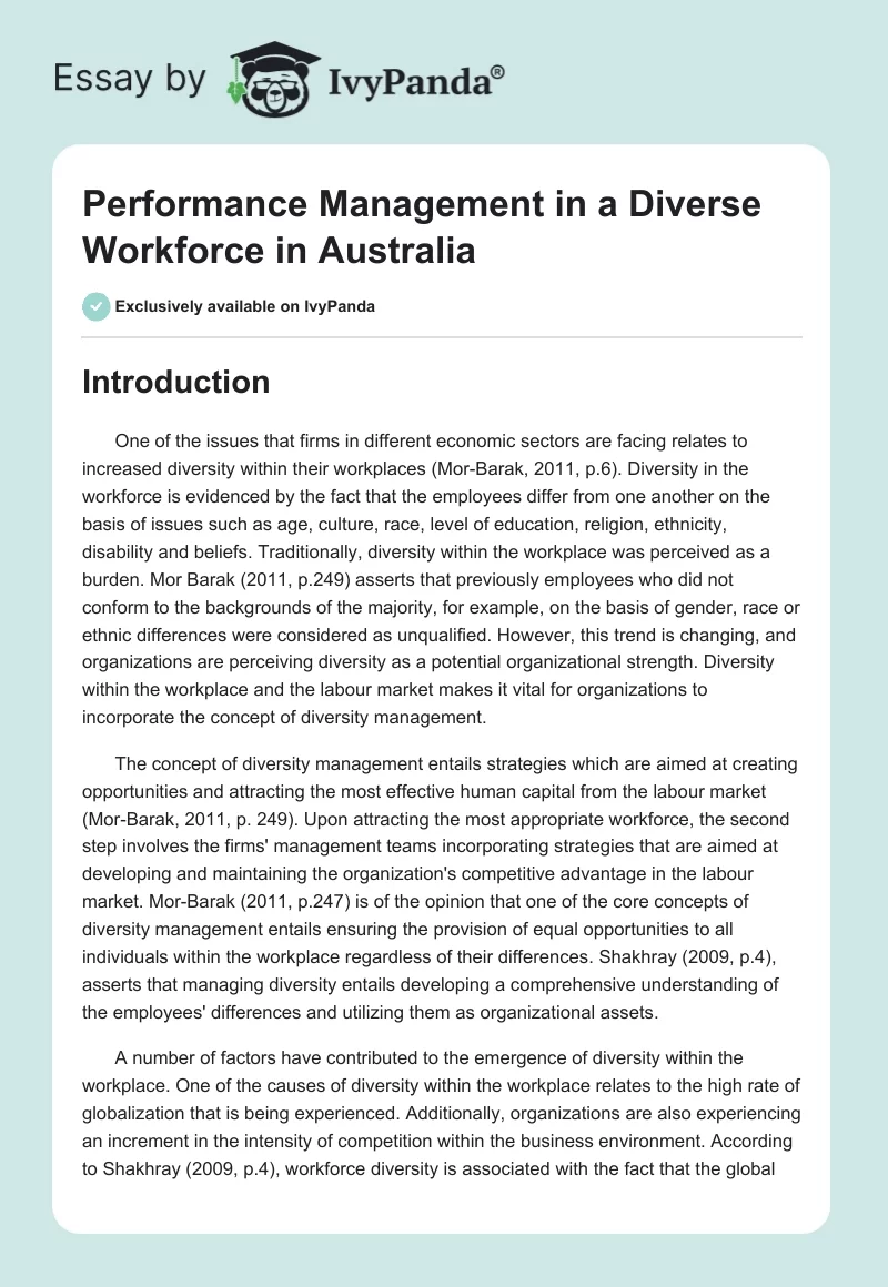 Performance Management in a Diverse Workforce in Australia. Page 1