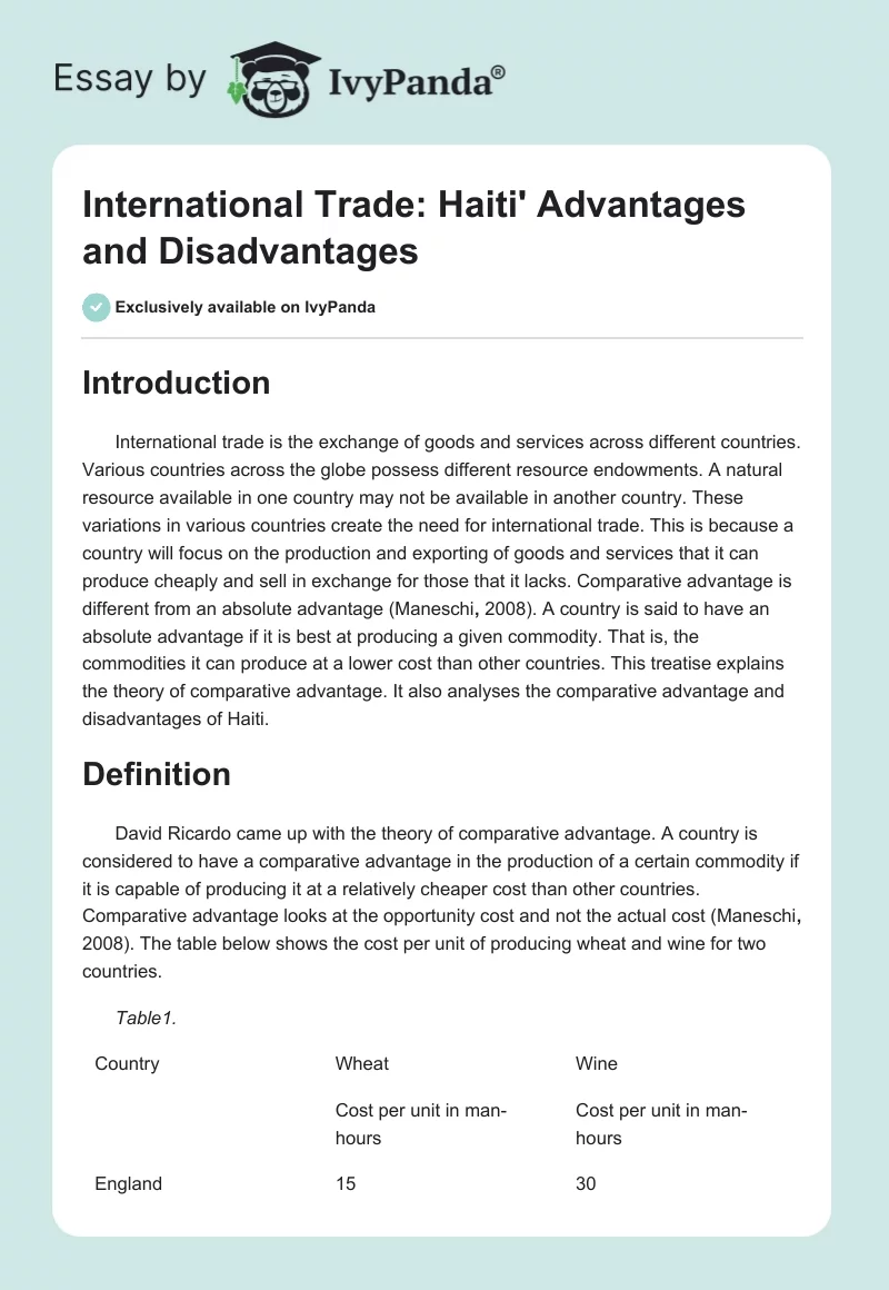International Trade: Haiti' Advantages and Disadvantages. Page 1